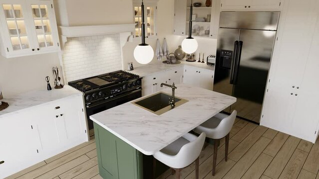 Bright kitchen in warm colors with a green island. 