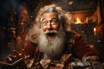 Obraz premium Cheerful emotional Santa Claus with a gifts in hands in his workshop. Christmas fairytale