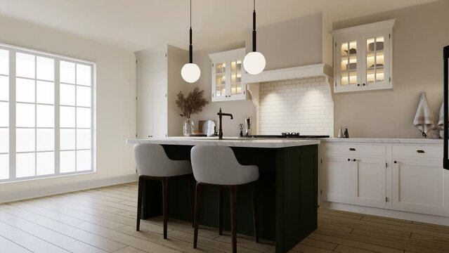 Bright kitchen in warm colors with a green island. 