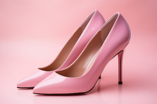 Elegant women's shoes made of pink leather on a pink background. Women's shoes, side view.