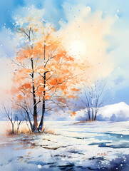 Fototapeta na wymiar Winter - A Painting Of Trees In A Snowy Field