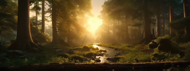 Journey into the heart of a dense rainforest at sunset photo realistic illustration - Generative AI.