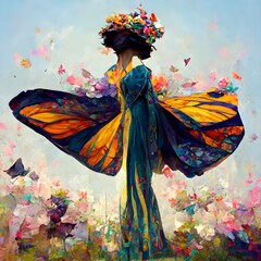 lady spring long dress made of flowers and butterflies sunny day surrealism ultra detailed female character abstract 