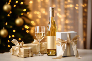 Golden gift boxes with wine and ribbon bow tag over blurred bokeh background with lights. Christmas decor.