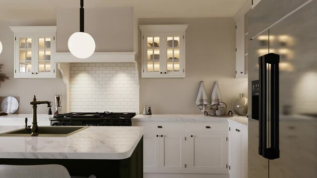 Bright kitchen in warm colors with a green island. 