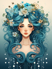 A Woman With Blue Hair And Flowers In Her Hair