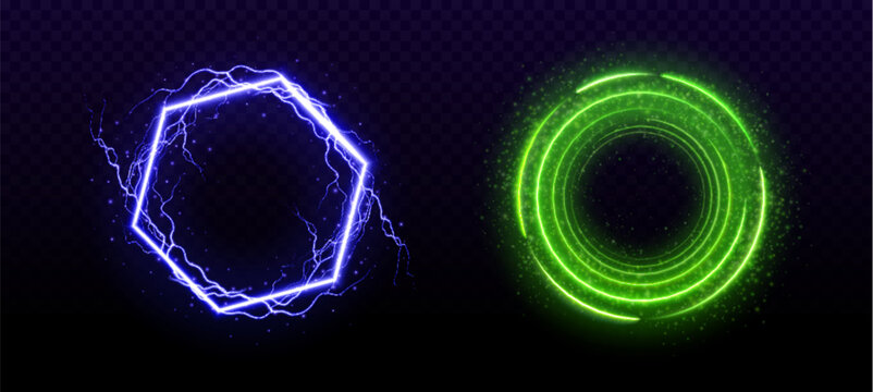 Green and electric portal with neon light effect. Magic glow ring with circular energy flare vector. Led 3d aura circle power ui game hologram. Mystic fantasy radial thunder fiber shine motion