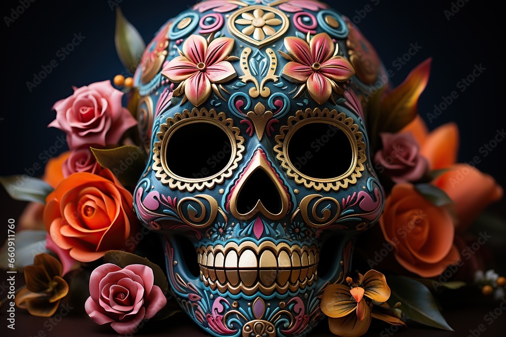 Wall mural mexican sugar skull with colorful flowers on dark background, closeup