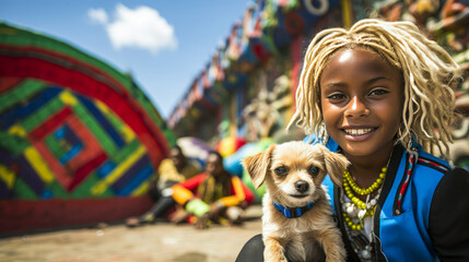 Moving depiction of a brave young girl in vibrant traditional attire, engaging playfully with a resilient stray dog amidst bustling local market and vivid street mural backdrop. - obrazy, fototapety, plakaty