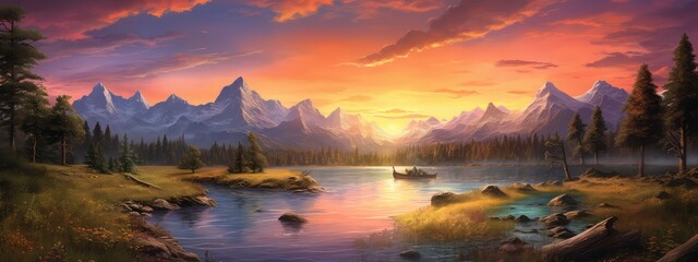 Wild river at sunset photo realistic illustration - Generative AI. - obrazy, fototapety, plakaty