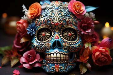 Day of the Dead sugar skull decorated with flowers and candles on dark background