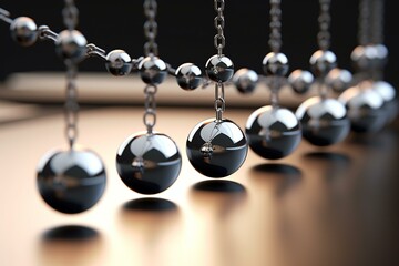 Depicting the connection between wellbeing and success through a 3D illustration of metal balls in a Newton's cradle, energizing and propelling each other. Generative AI