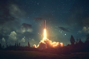 Fototapeta na wymiar Experimental rocket launches into the night sky. Generative AI