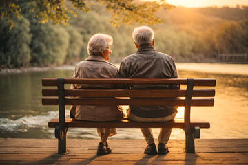 An elderly couple watching the sunset on a bench near the river