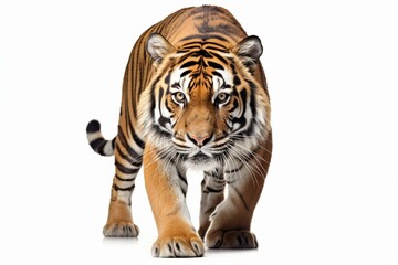 A solitary royal tiger on white background, with piercing gaze fixed on prey. Concept of hunting. Generative AI