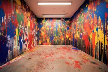 colorful paint splatters adorn walls. Generative AI