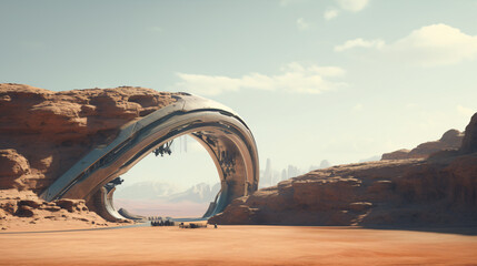 Fantastic Sci-fi landscape of a spaceship - obrazy, fototapety, plakaty