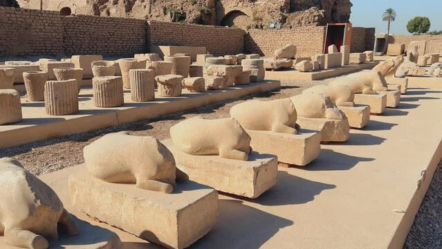 The ruins of the Egyptian temple complex Dendera. Museum in Egypt. Hathor Temple. The Denderian zodiac. The complex is a mixture of ruined temples, chapels, pylons and other buildings. Egypt 2022. 4K