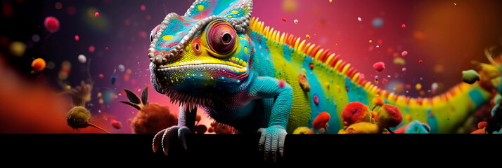 whimsical chameleon blending into a rainbow-colored background , Generative AI