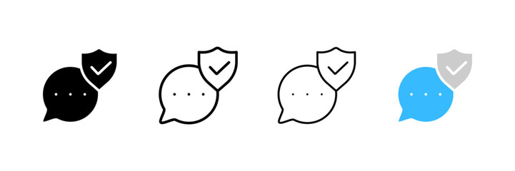 Secure message icons. Different styles, message bubble with shield, safe message and chat. Vector icons