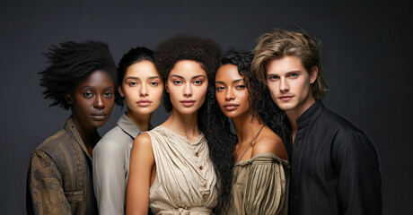 Fototapeta premium Studio photography of five models of different ethnicities and with varying hairstyles