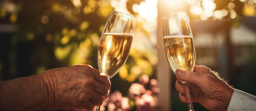 Retired couple celebrating joyful retirement with love care and champagne toast at home With copyspace for text