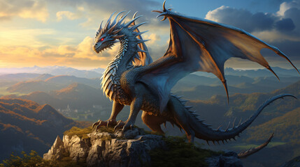 Fantasy background with dragon - obrazy, fototapety, plakaty