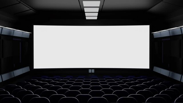 Empty movie cinema theater with rows of comfortable velvet armchair, cinema screen, 3d rendering. 4k slow motion.