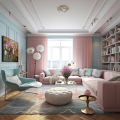 Beautiful Interior of modern living room with pink curtains, pink sofa and flowers in vase, big window. Luxury interior design of living room.  Design of living room in pastel colors.  AI generated