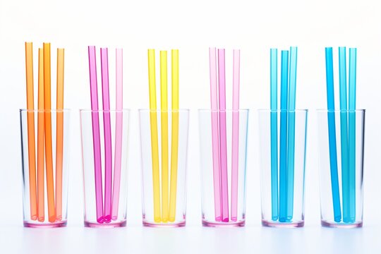 Colorful drinking straws in a transparent glass jar, isolated on a white background