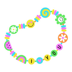 BFF colorful 90s pop art style vintage bracelet. Best friends forever beaded accessory design with I love you quote. EPS 10 vector Y2K retro illustration.