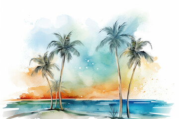 Fototapeta na wymiar Illustration of palm trees on the beach with ocean sea, watercolor painting of palm trees isolated on white background