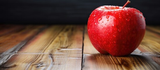 Red apple on wood surface bitten With copyspace for text