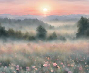 Watercolor painting of autumn landscape with a beautiful sunrise  across  misty mountains