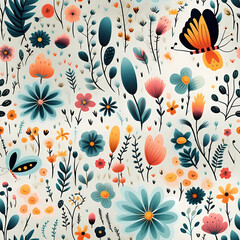 A Pattern Of Flowers And Butterflies