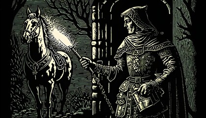 Fototapeta na wymiar woodcut 15th century gothic knight next to warhorse looking up at a gate mediaeval wooden fortress at with night torches burning 