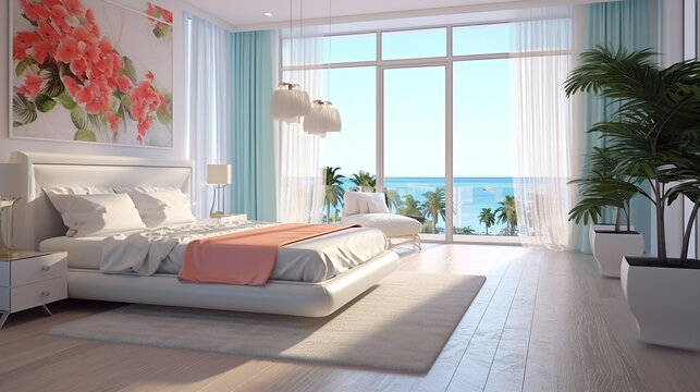 Luxury bedroom with sea view, 3d render. Modern interior design of bedroom in light style, 3d illustration. Bedroom in a hotel with a beautiful view of the sea.  AI generated interior design.