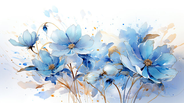 a painting of blue flowers on a white background.   Watercolor Painting of a Azure color flower, Perfect for Wall Art.