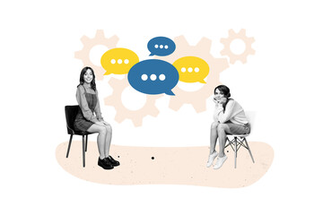 Sketch image collage of charming woman therapist discussing problems psychologist seminar isolated...