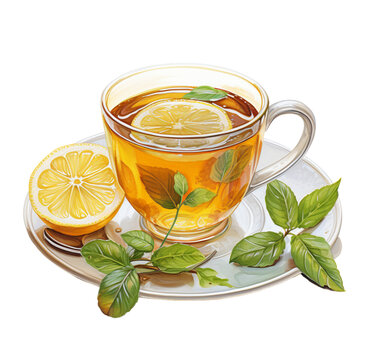 Watercolor tea with lemon illustration. Generative AI, png image