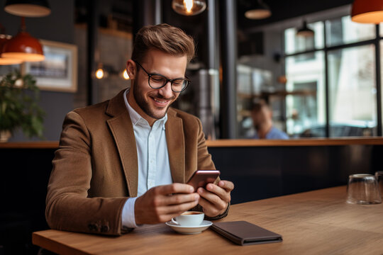 A Happy Businessman Is Sitting In A Coffee Shop And Checking On His Bank Account On The Mobile. A Man Using The Phone For E-banking