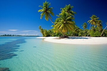 Idyllic remote island featuring lush palm trees and an uninhabited sandy shoreline. Generative AI
