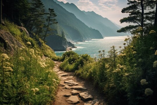 Path surrounded by lush mountains and a rugged shoreline. Generative AI