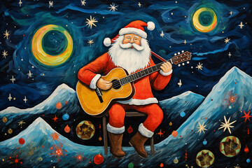 Santa Claus with gifts playing the guitar - obrazy, fototapety, plakaty