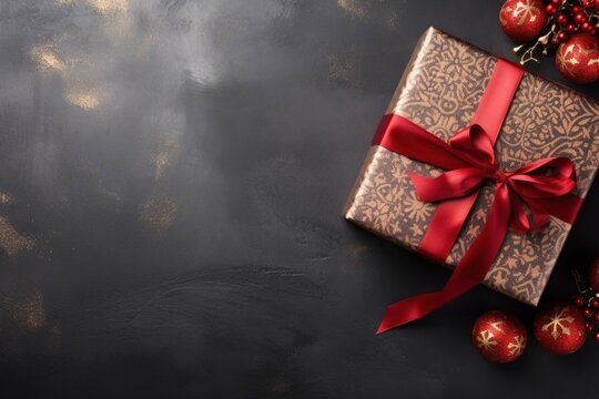 Photo of Red Christmas gift box on a dark tabletop Top view with copy space