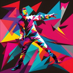Style A fusion of geometric and pop art with an emphasis on bright neon colors Subject A male figure in a dramatic pose with angular polygonal features Mood Energetic dynamic and hypnotic Colors 