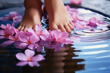 Closeup view of woman soaking her feet in water with flowers. Spa treatment for female feet. - obrazy, fototapety, plakaty