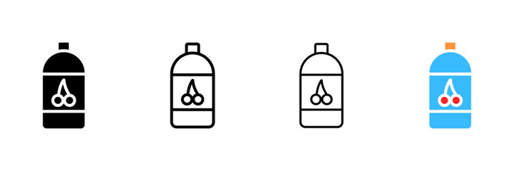 Cherry water bottle. Different styles, water bottle, cherry on the bottle, water with cherry. Vector icons