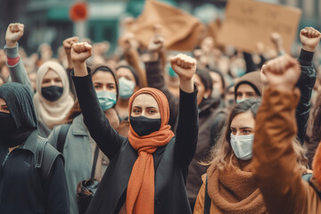 Muslim woman wearing protective face mask and supporting anti-racism movement with group of people...