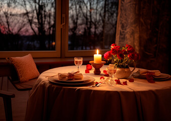 Mesa san valentin - cita romantica cena- habitacion decoracion flores y velas - Soft - obrazy, fototapety, plakaty